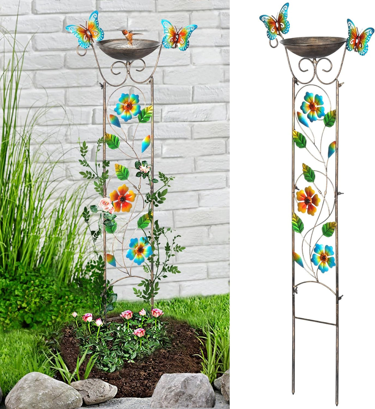 LEWIS&WAYNE Garden Trellis Bird Bath Outdoor, 40 Inch Antique Iron Garden Plant Trellis Decorative with Floral-Butterflies and Detachable Drinking Basin Bowl, Free Standing BirdBath Birdfeeder Station
