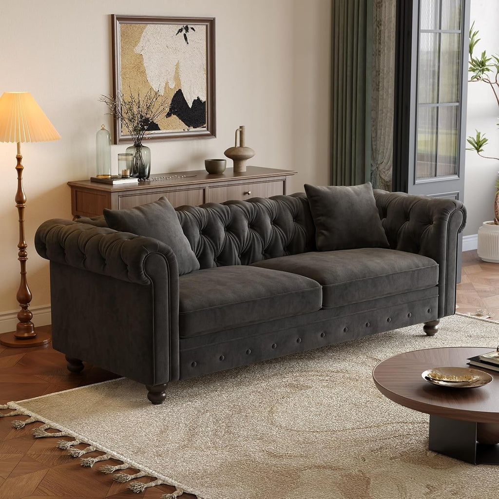 ONBRILL 82 Inch Chesterfield Sofa, 23 Inch Deep Seat Velvet Couch for Living Room, Button Tufted Couch with Rolled Arms, 2 Throw Pillows, Comfy Vintage Loveseat Sofa for Apartment, Black