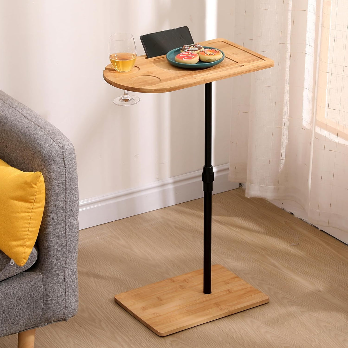 TV Tray Table C-Shaped Sofa Side Table with Slots, Adjustable Height & 360-degree Rotatabl, for Living Room Bedroom