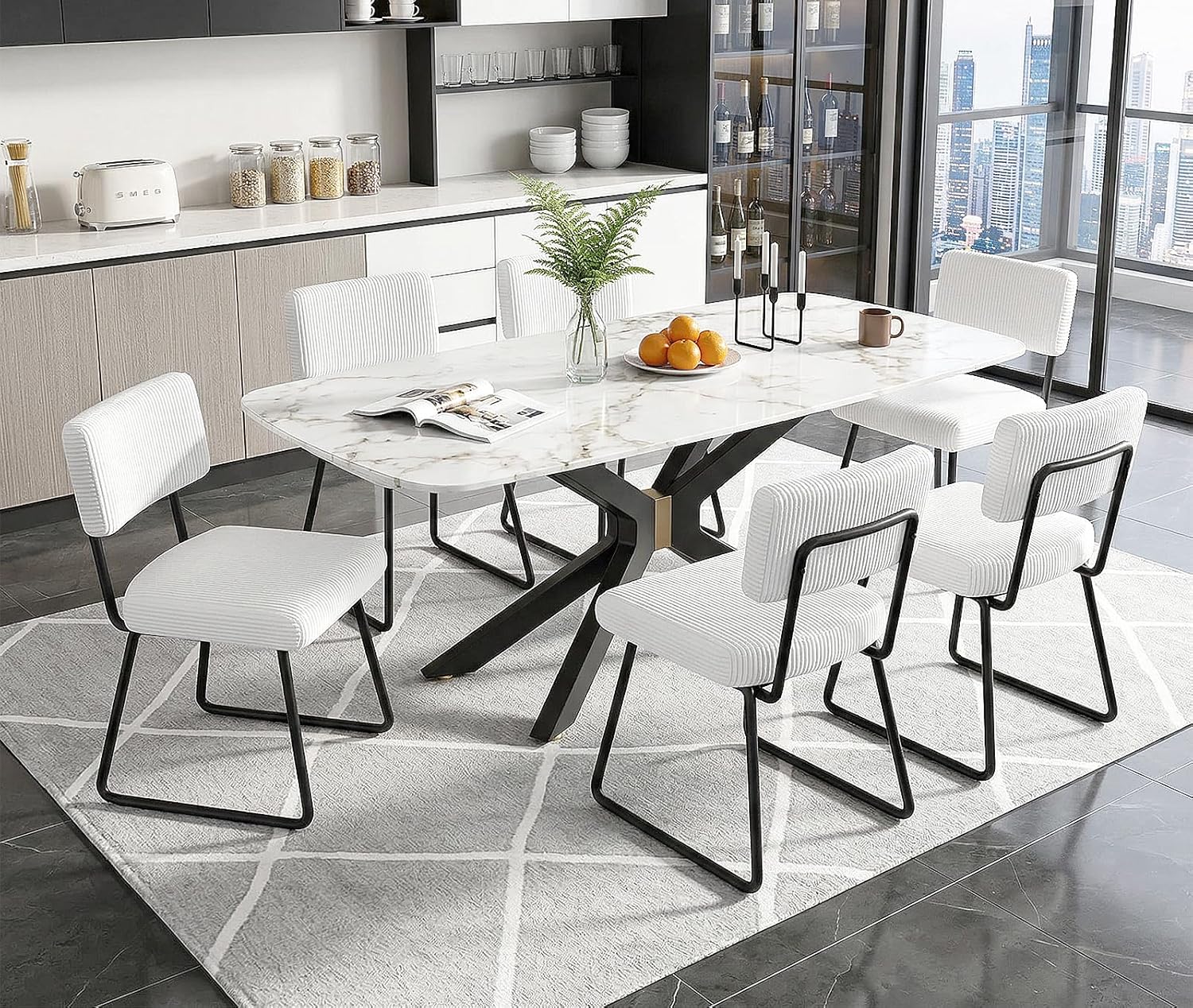 Velvet Dining Chairs Set of 6, Upholstered Dining Room Kitchen Chair with Thick Cushion, Soft Backrest, Metal Legs, Mid Century Modern Accent Side Chair for Home Living Room Bedroom, White