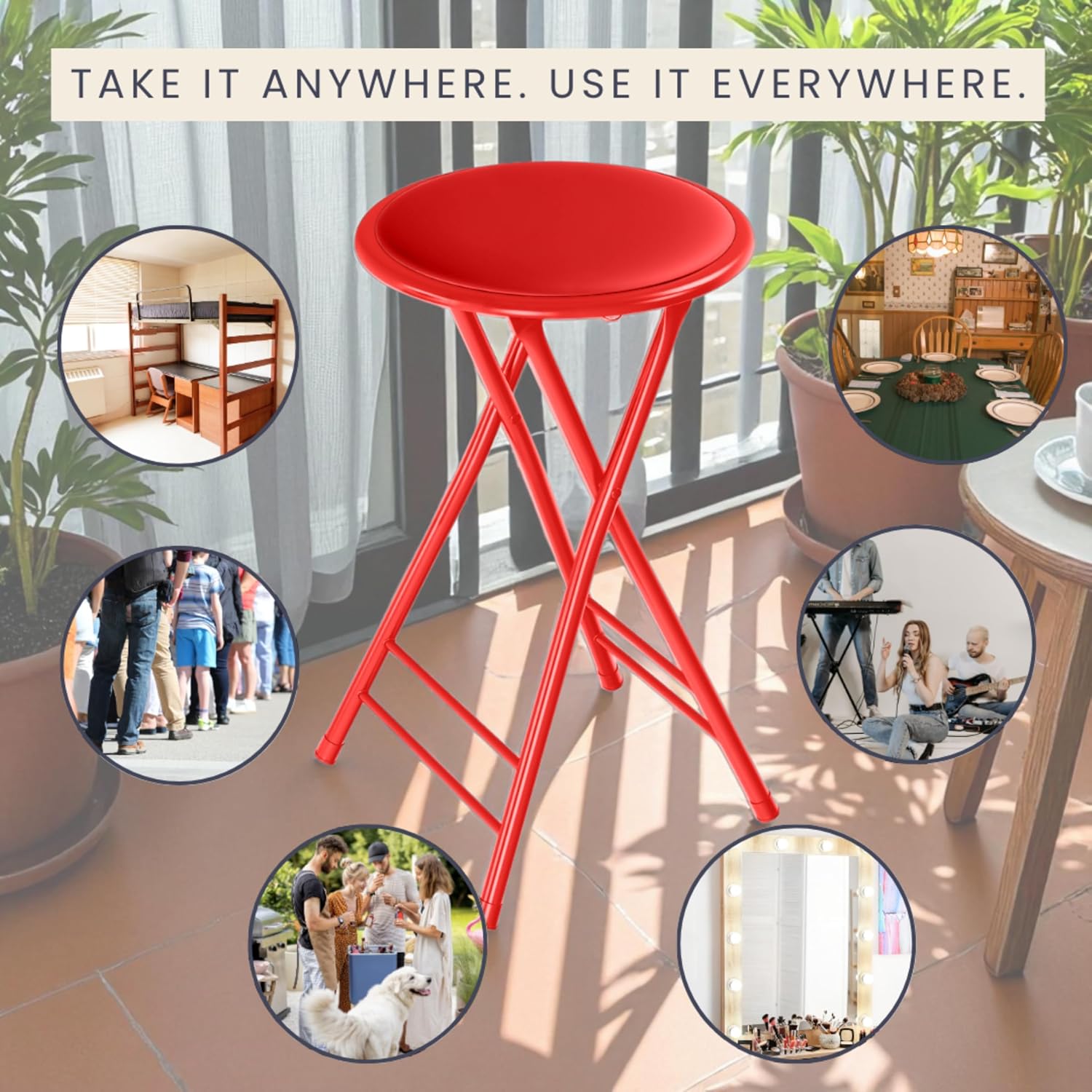 Lavish Home Folding Stool - Set of 2 Counter Height Bar Stools – 24-Inch Backless Folding Chairs with 225lb Capacity for Kitchen, Rec Room, or Game Room (Red)