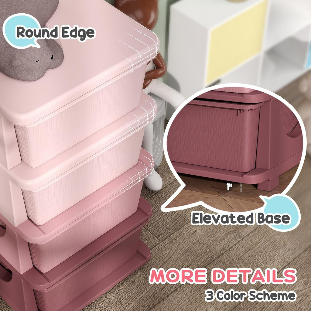 Qaba 4 Drawers Kids Storage Unit 4 Tier Toy Organizers Pink | Stackable Storage Chest, Bedroom, Nursery, Playroom, Living Room, Boys, Girls, Toddlers