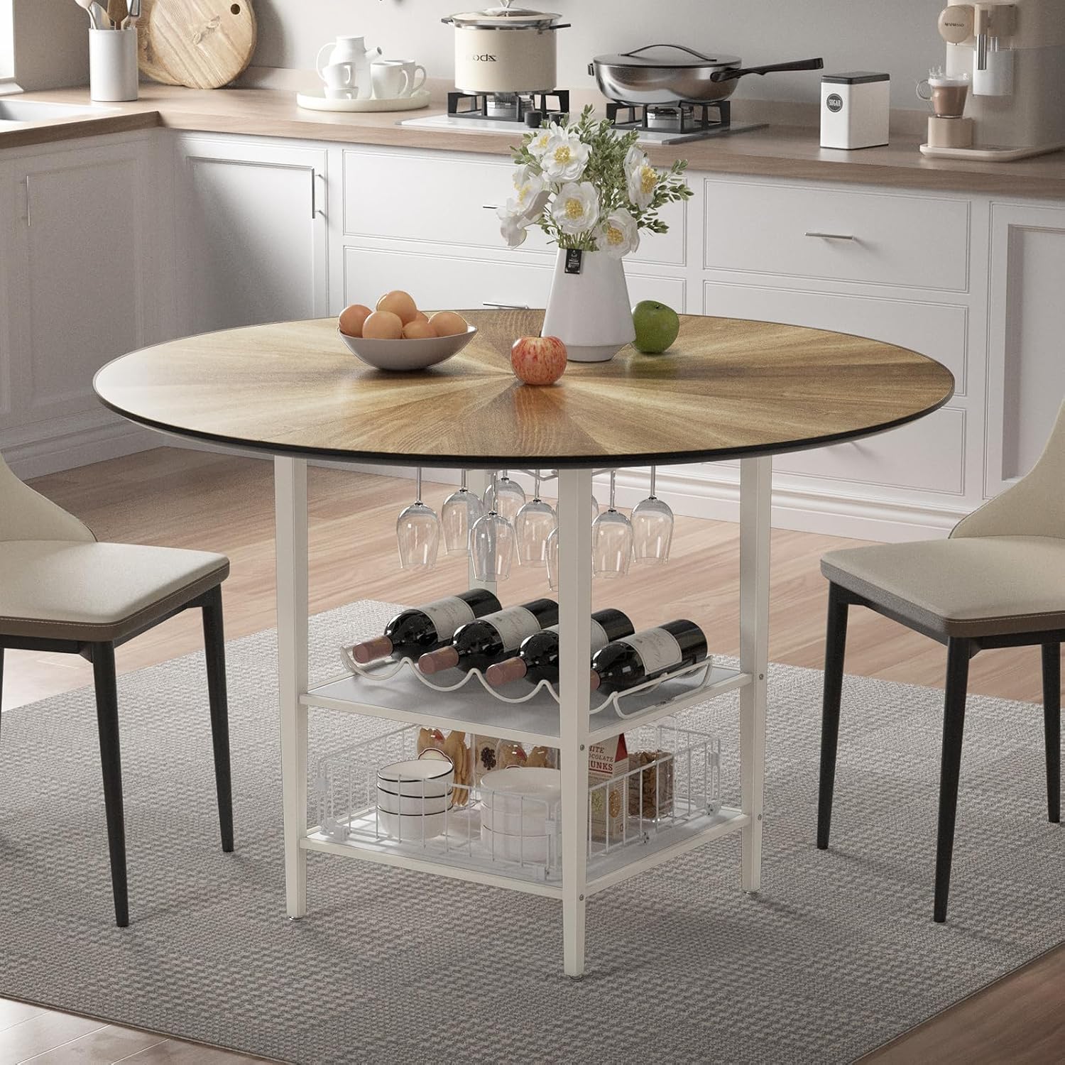 VFK 47'' Round Dining Table Set for 4-6, Farmhouse Kitchen Table with 4 Chairs & Storage Rack, Rustic Wood Dining Set with Sturdy Metal Base for Dining Room & Living Room