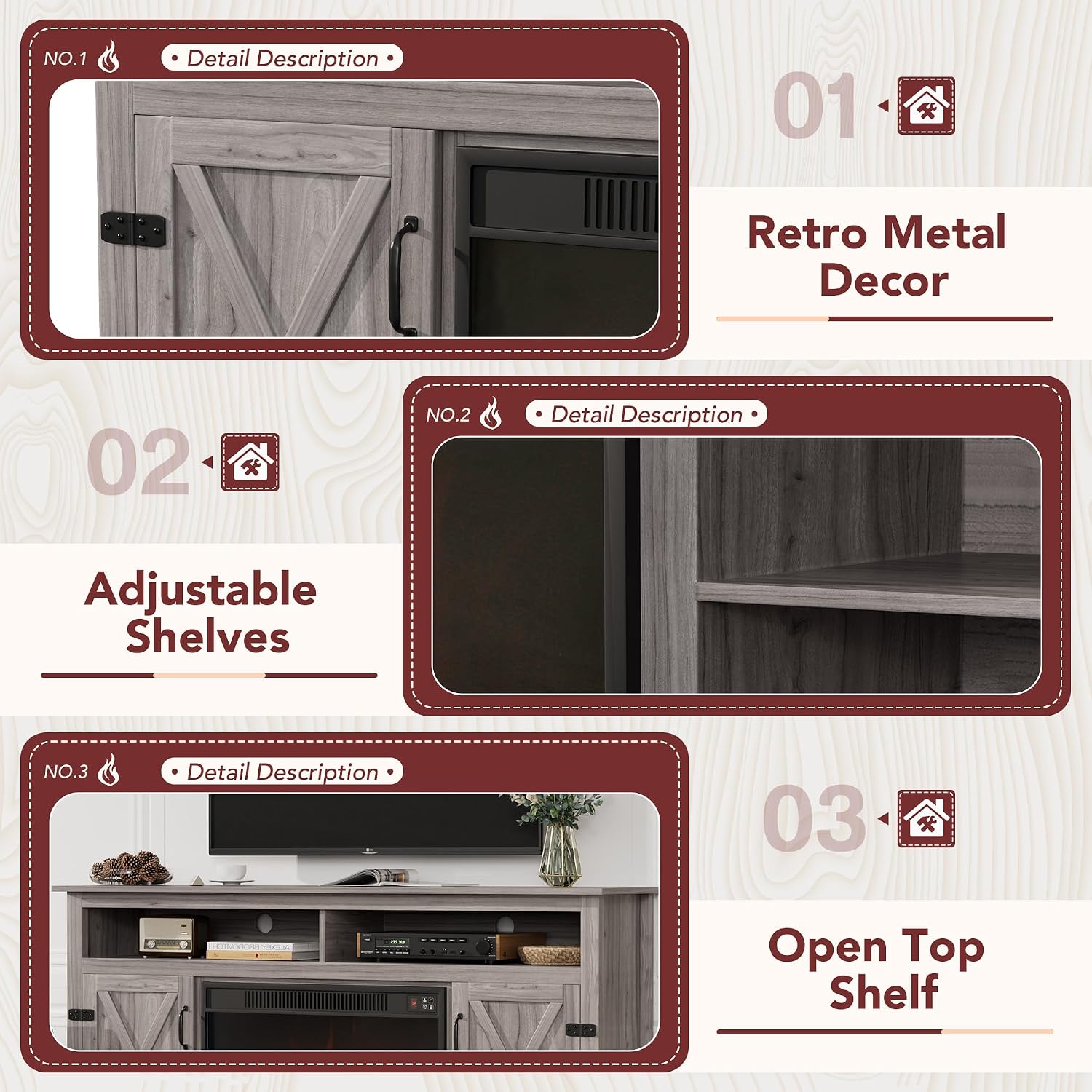 JUMMICO Fireplace TV Stand for TVs Up to 65+ Inch with 26" Fireplace(Grey) | Open Storage Shelves and Side Cabinets, Entertainment Center with Barn Doors, Media TV Console for Living Room