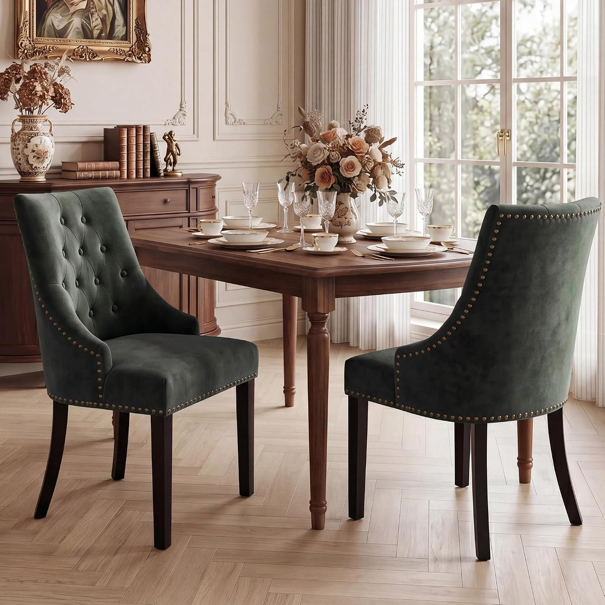 LSSBOUGHT Tufted Dining Chairs, Upholstered Accent Chairs with Nailhead Trim Solid Wood Legs for Kitchen & Dining Room (Green, Set of 2)