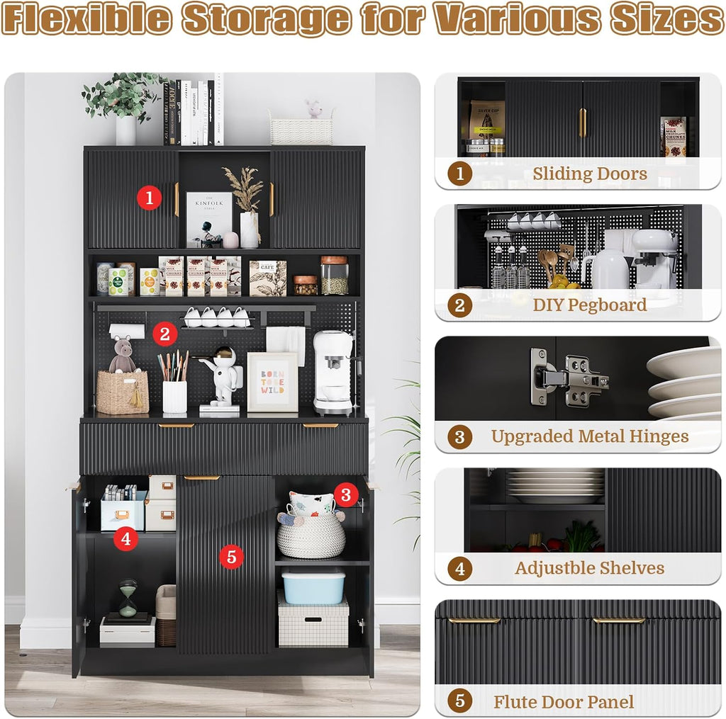 Kitchen Pantry Cabinet with Storage & Pegboard, 71" Tall Hutch Storage Cabinet with Power Outlets, Freestanding Food Pantry with Microwave Stand Spice Rack for Dining Room - Black