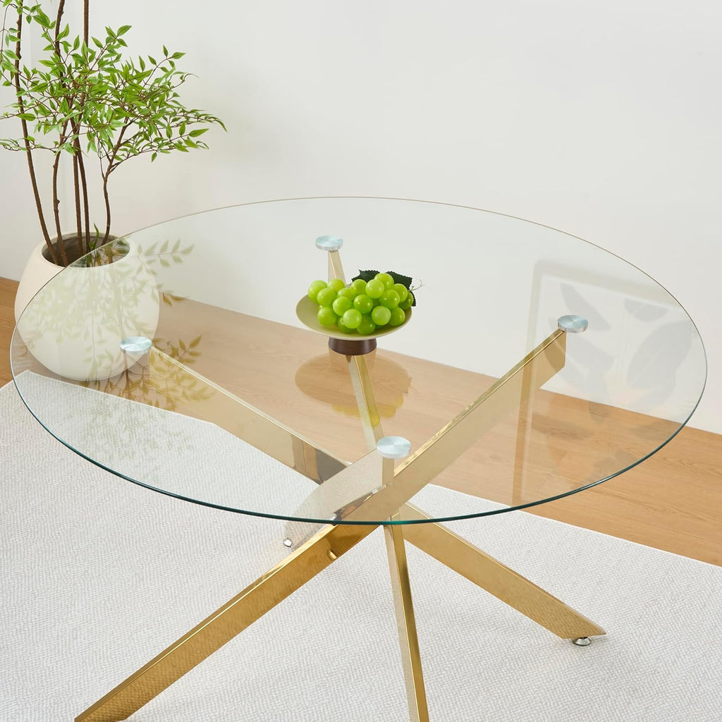 47" Round Glass Dining Table for 4-6, Circle Kitchen Table with Tempered Glass Top & Gold Metal Cross Legs, Modern Glass Dinner Table for Kitchen Dining Room Small Apartment