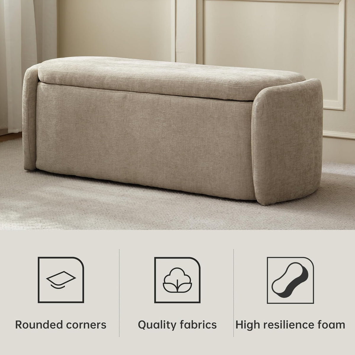VKNOW Storage Bench, Upholstered Storage Ottoman Bench with Hinge, Khaki | Ottoman Bench with Large Capacity, Curved Frame, Soft Fabric, Storage Bench for Bedroom, Living Room, Entryway