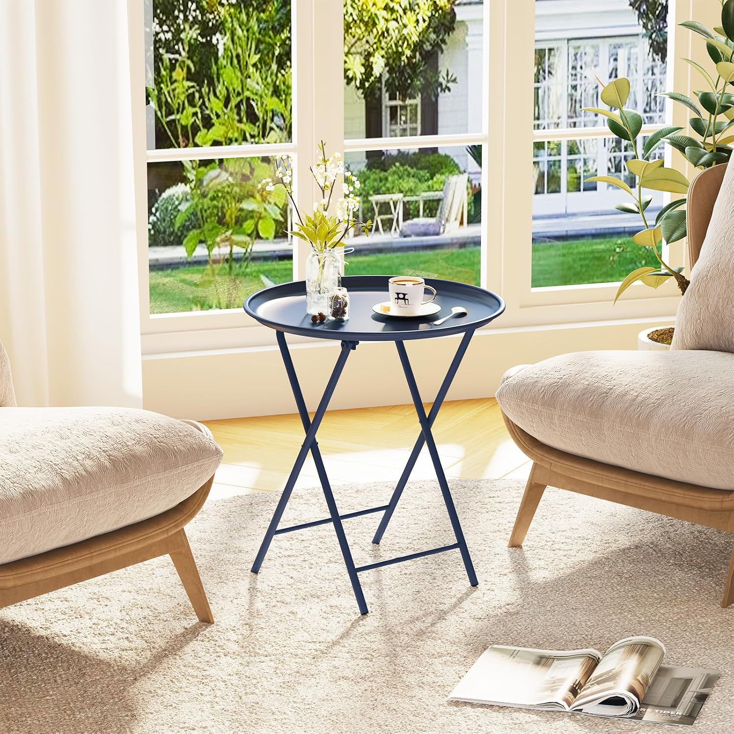 Garden 4 you Folding TV Tray Table, Metal Round Side Table, Blue Dinner Table with Metal Frame, Modern Outdoor Tray Table for Living Room, Bedroom, Patio & Small Spaces, 2 Packs
