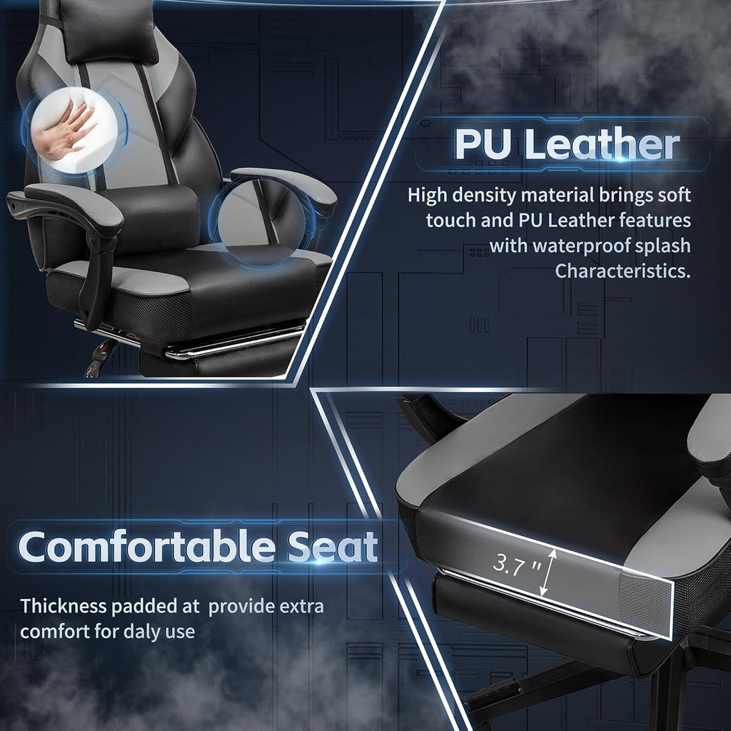 DL-win Gaming Chairs for Adults, Computer Chair with Footrest and High Back, Big and Tall Gamer Chair's with Massage Lumbar Support, 360° Swivel Height Adjustable Gaming Chair, Grey