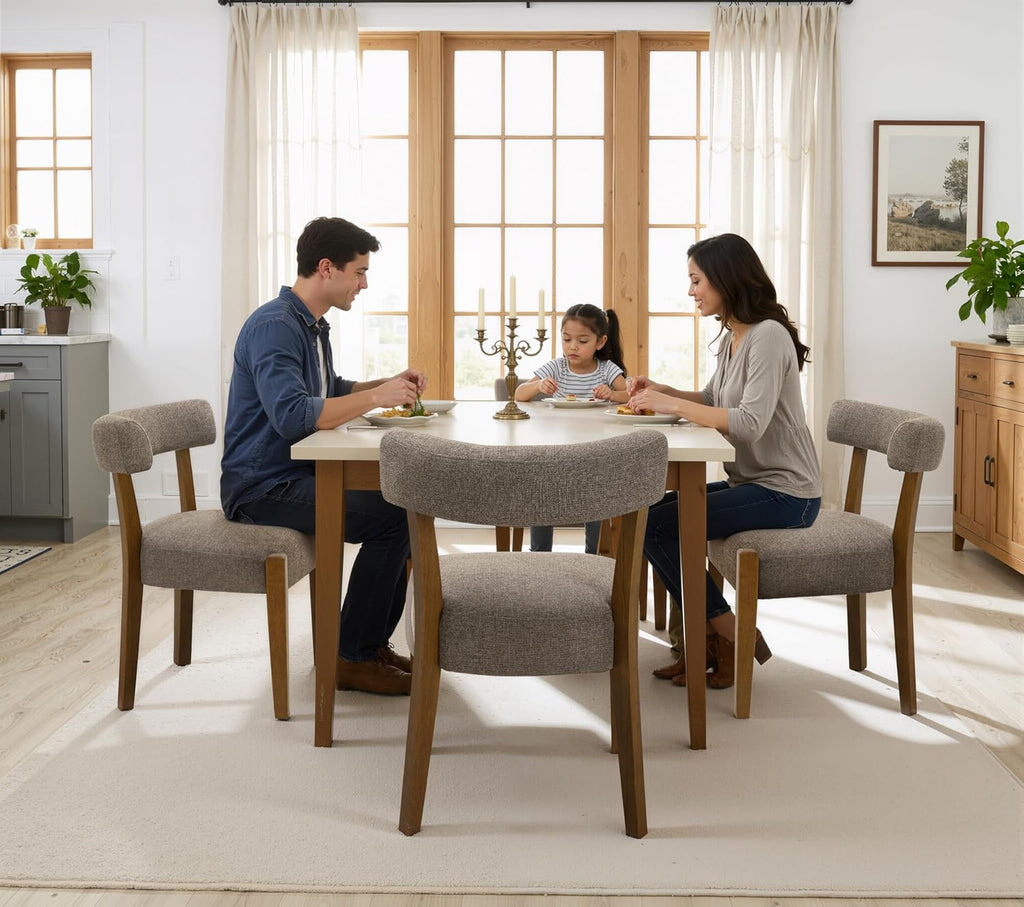 RNKSFX Upholstered Dining Chairs Set of 6, Walnut Wooden Kitchen & Dining Room Chairs, Mid Century Modern Fabric Farmhouse Dining Chairs Oversized Sturdy Rounded Chairs Curved Back, Tan Brown