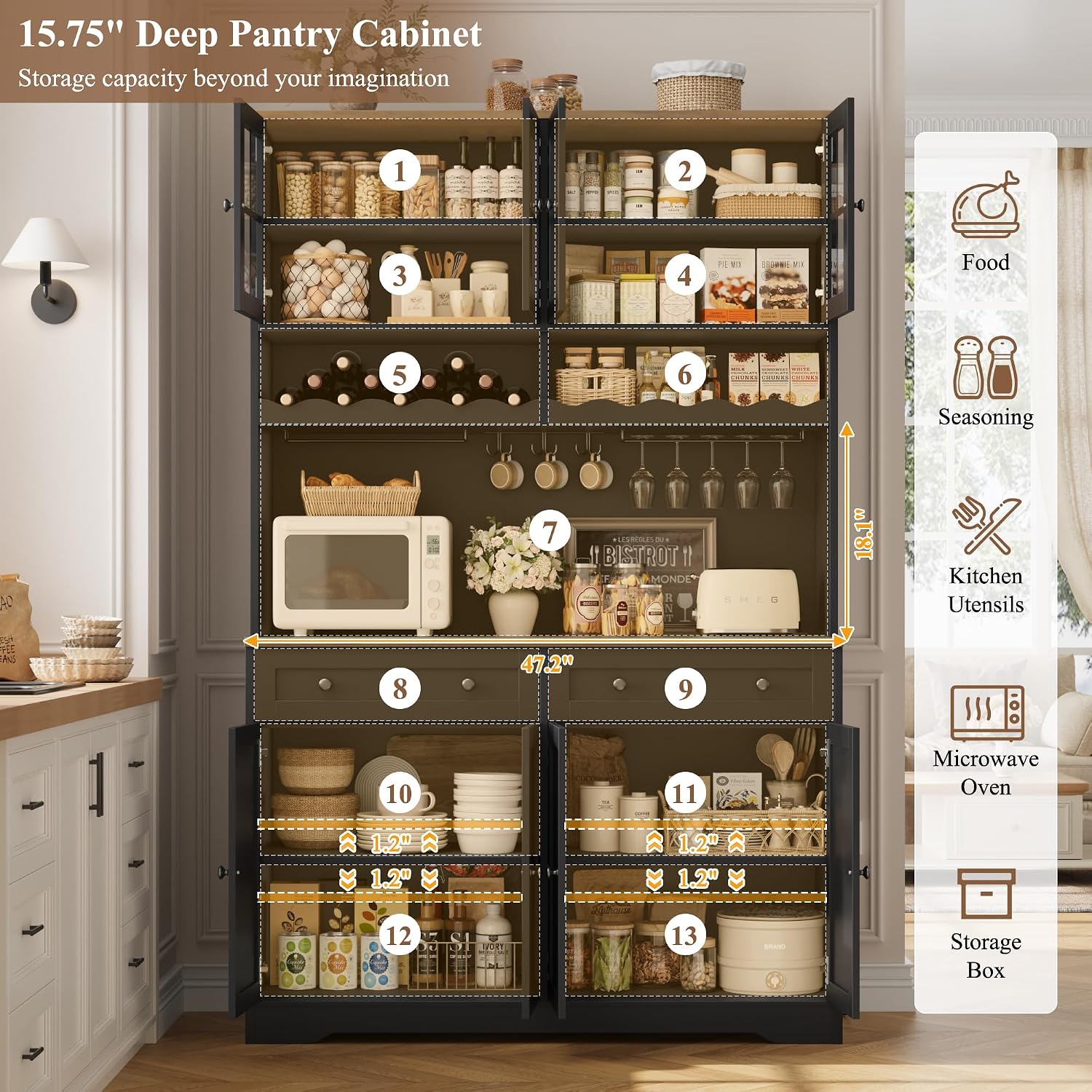 HOSTACK 75" Kitchen Pantry Storage Cabinet, Coffee Bar Hutch Cabinet, Black | Tall Pantry Cabinet with Charging Station / Wide Countertop / Glass Doors / Wine Rack / Cup Holder / Drawers, Dining Room