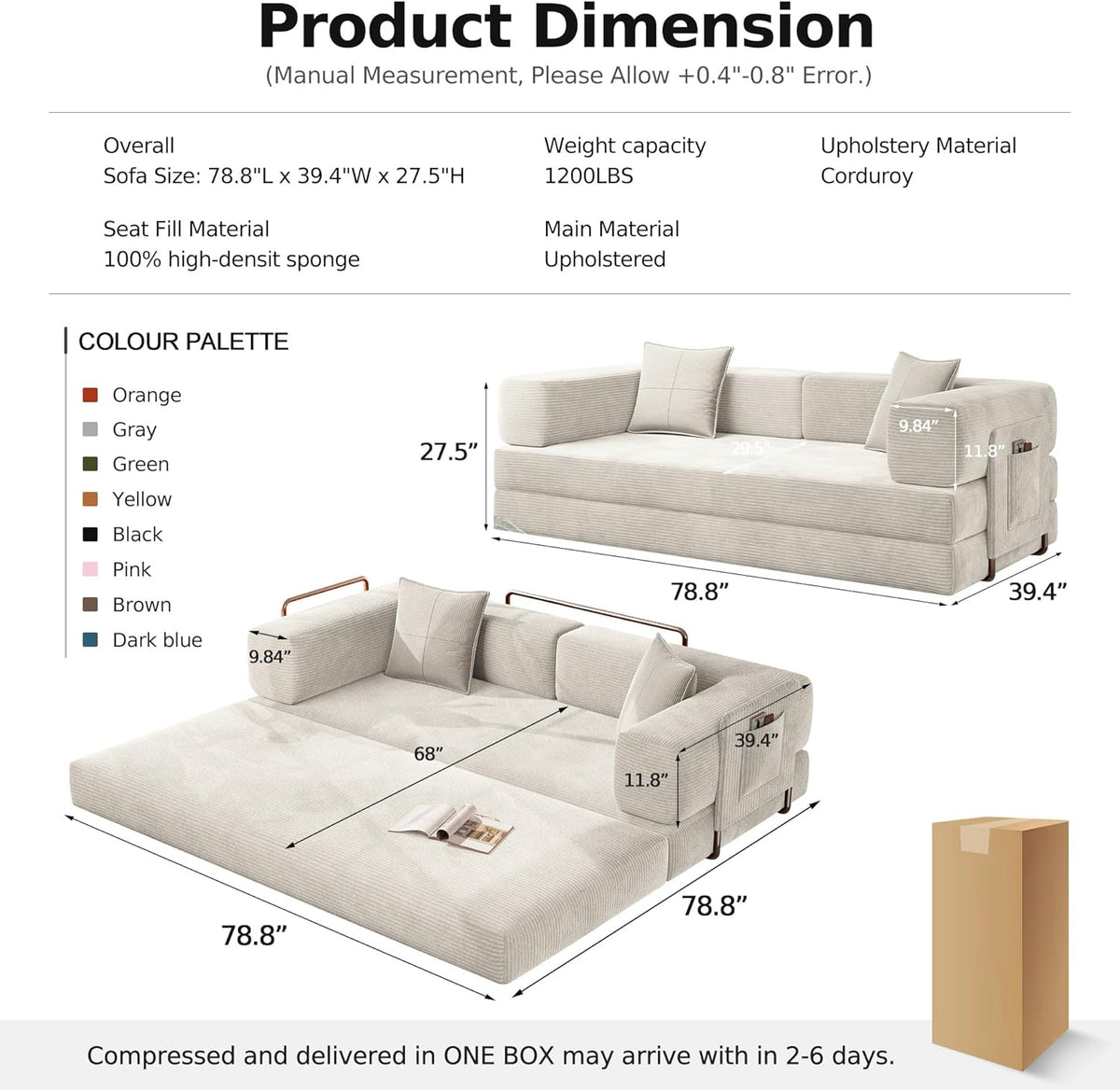 MoonSpeak 78.8'' Futon Sofa Bed, Couches for Living Room | Corduroy Convertible Futon Sofa Bed with Storage Pocket, Modular Sleeper Couch in a Box, No Assembly (White)