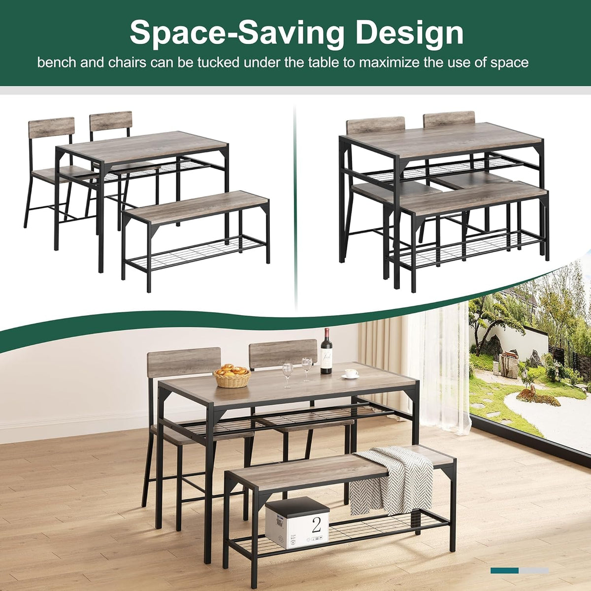 Shintenchi Kitchen Table Chairs Set of 4 with Bench and Chairs, Oak Gray | Dining Table Set for 4, 4 Pieces Kitchen Table Set, Storage Rack & Metal Frame, for Small Space, Upgrated Leg Support