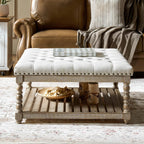 HULALA HOME Upholstered Rectangular Ottoman Coffee Table with Spindle Wooden Legs, Tufted Living Room Ottoman with Solid Wood Storage Shelf, Ivory