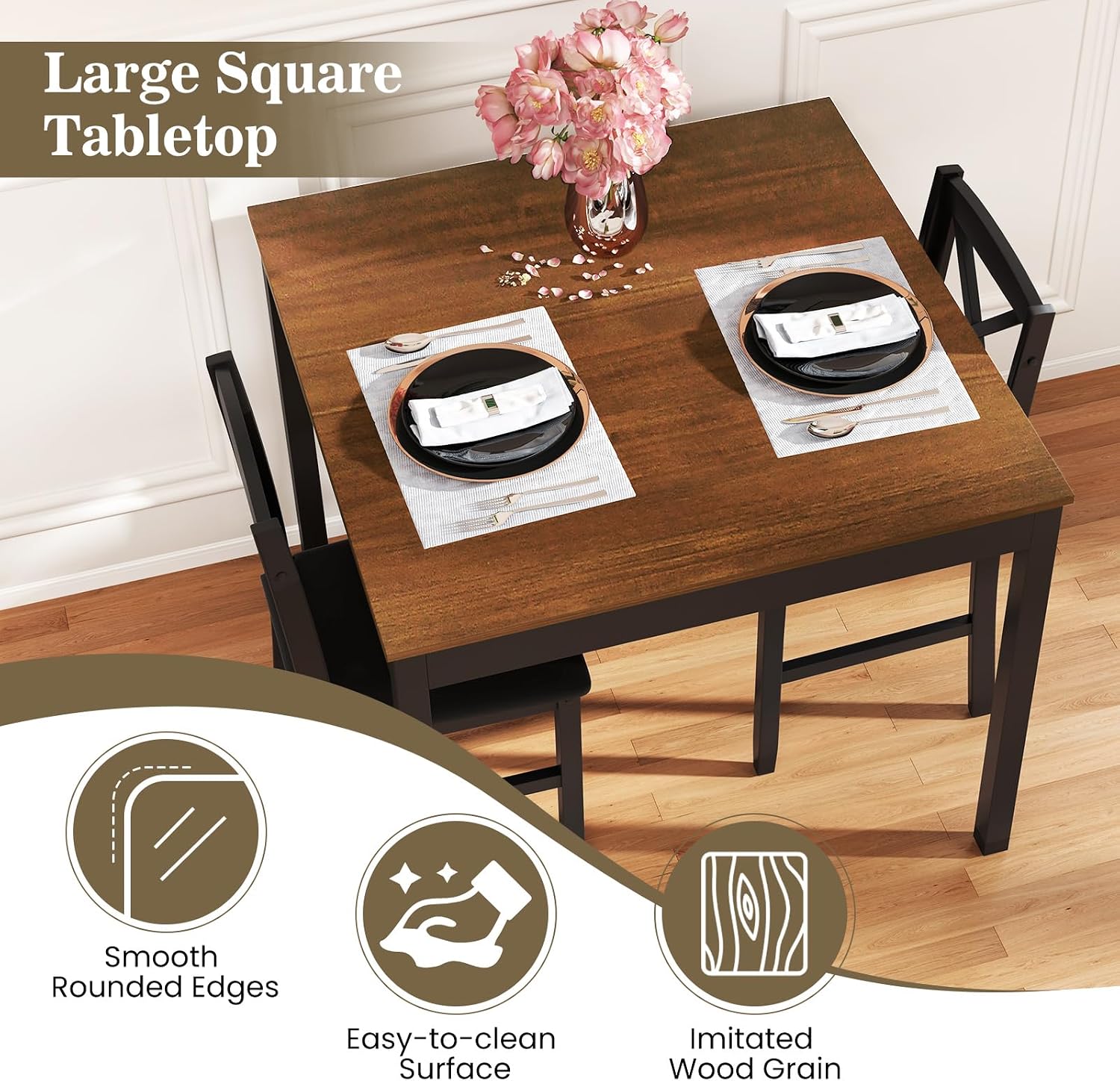 GIANTEX 3-Piece Dining Table Set for 2 - Small Wooden Kitchen Table with Upholstered PVC Leather Chairs, Rubber Wood Legs, Modern Compact Dining Set for Dinner, Kitchen, Restaurant, Dinette (Brown)