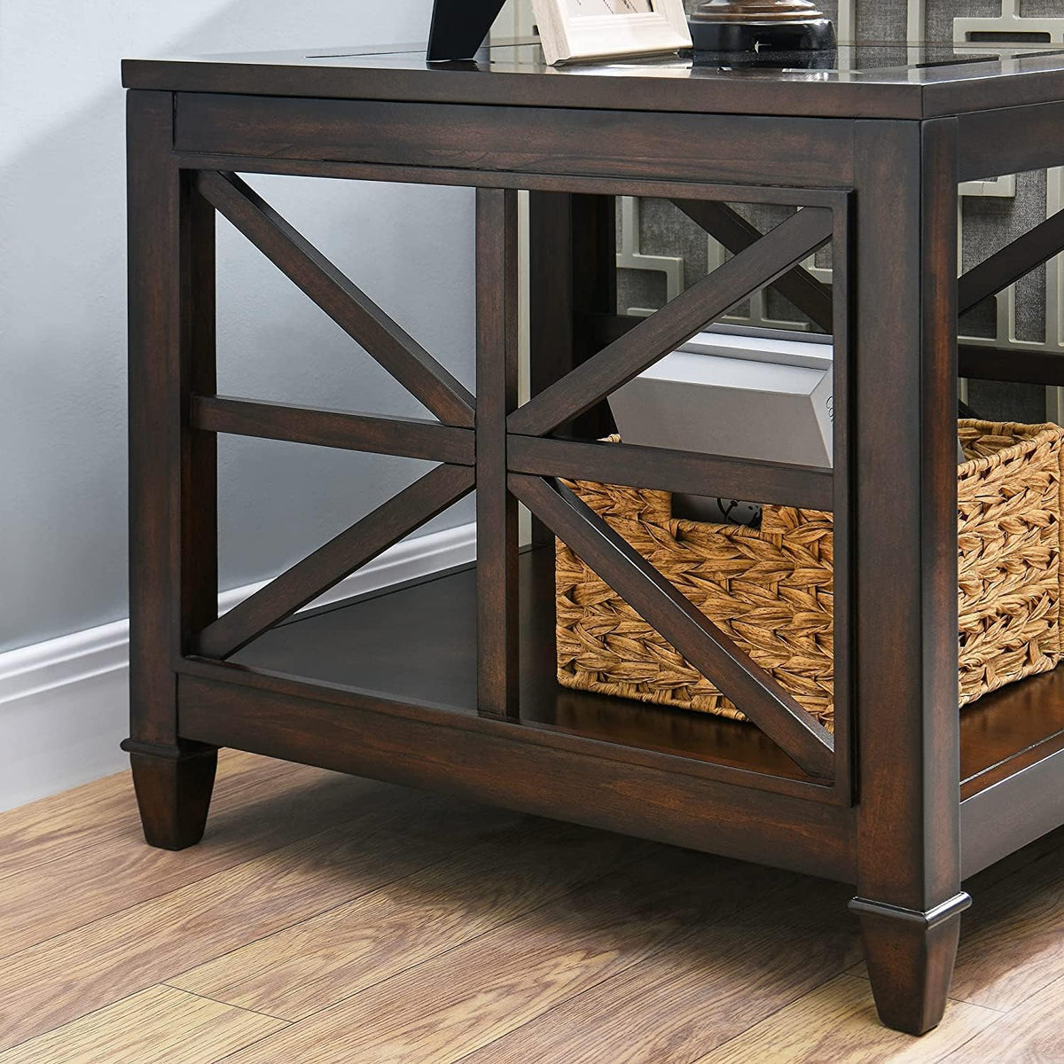 Set of 2 Solid Wood End Tables with Tempered Glass Top, 28" x 24" Large Farmhouse Side Table for Living Room, Bedroom & Office, Vintage Walnut