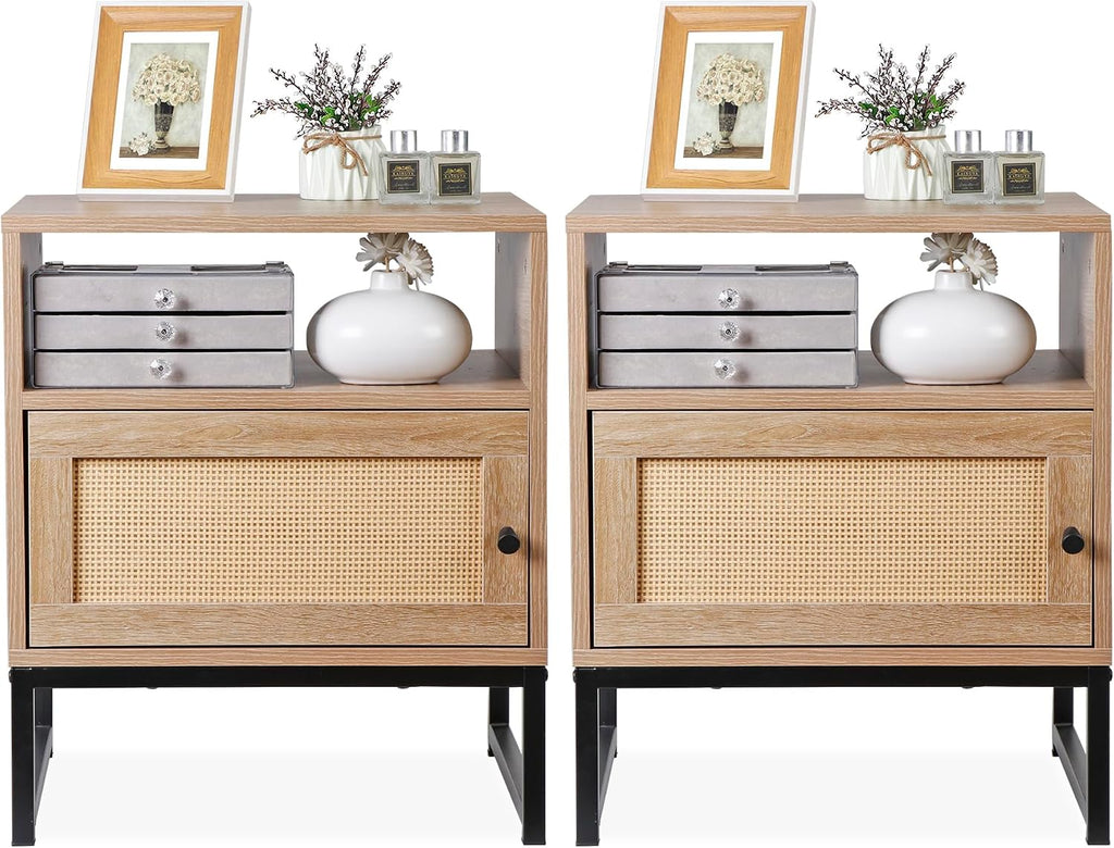 Nightstands End Table, PE Rattan Decor Drawer Opening Shelf, Set of 2 Bed Side Tables with Solid Steel Feet,for Bedroom Living Room Hallway, Natural