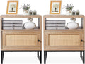 Nightstands End Table, PE Rattan Decor Drawer Opening Shelf, Set of 2 Bed Side Tables with Solid Steel Feet,for Bedroom Living Room Hallway, Natural