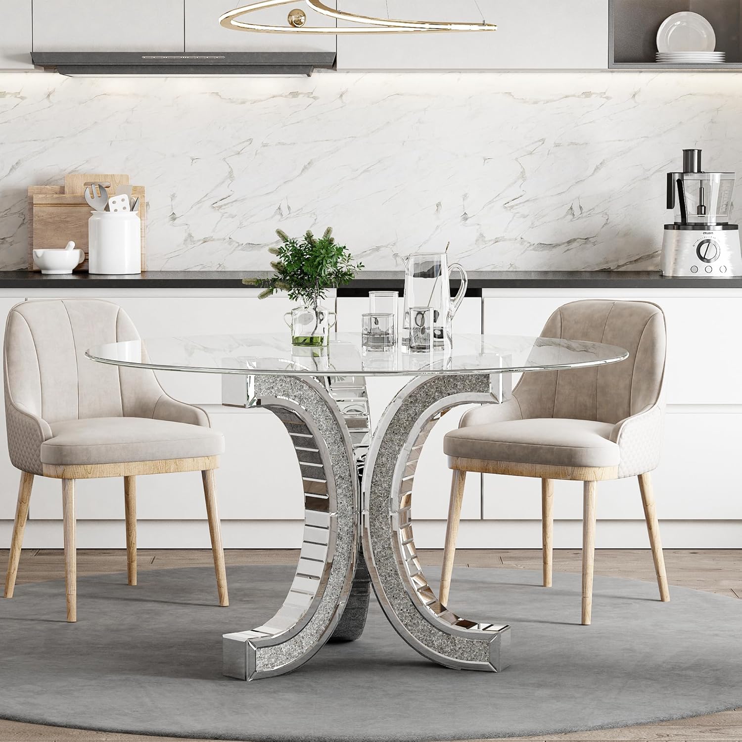 52" Round Glass Pedestal Dining Table with Tempered Glass Top, Mirrored Base with Crushed Diamonds, Modern Centerpiece