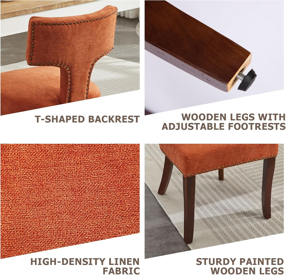 Mid Century Modern Farmhouse Dining Chairs Set of 4, Linen Upholstered with Curved Backrest & Copper Nail Trim, Hardwood Frame, Orange