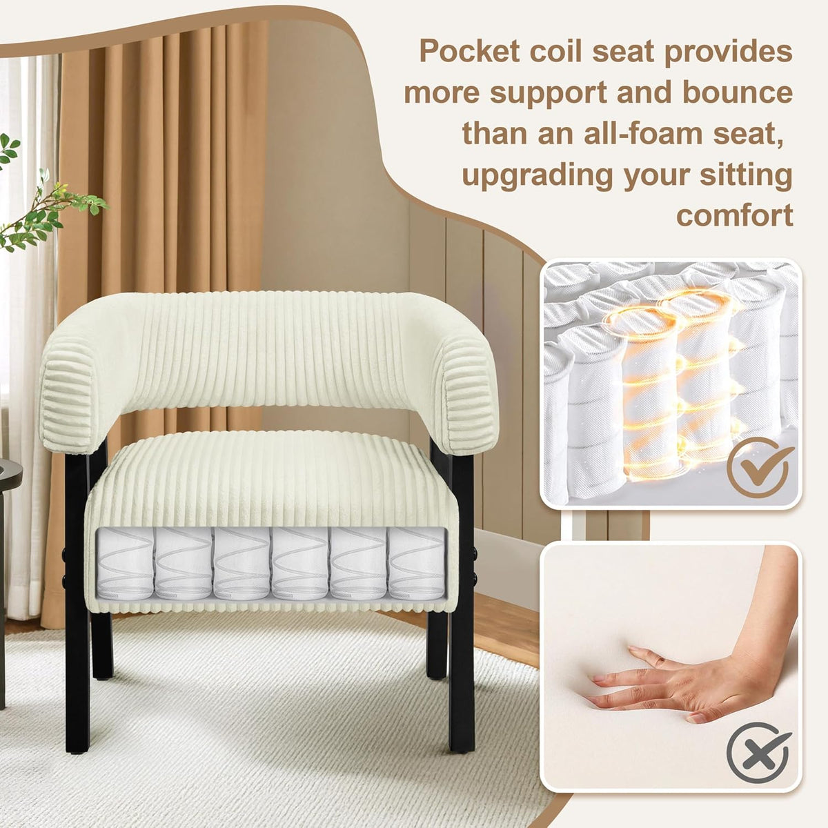 Yaheetech Accent Living Room Chair with Pocket Coiled Seat Set of 1 | Sofa Armchair | Barrel Chair | Corduroy | Comfy | Modern | Small Space | Bedroom | Reading | Beige