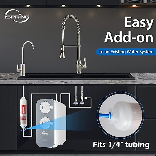 iSpring FA15 Alkaline Inline Water Filter Cartridge, 10” x 2” with 1/4” Quick Connect, NSF Certified, Add-on for RO Systems, Balances pH & Restores Minerals, 3-Layer Replacement Filter