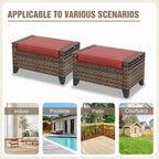 2 Pieces Modern Outdoor Wicker Patio Footstools, Multipurpose PE Rattan Ottomans Set for Poolside, Backyard and Balcony, Brown/Red