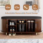 DHH 2-Tier Storage Bench,Wide Shoe Bench with Thickened Padded Seat Cushion, Mid Century Modern Fluted Sliding Door and Adjustable Shelf, for Entryway, Living Room, Bedroom (Walnut, 43.3“)