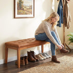 Ottoman Bench Upholstered Padded Seat with Solid Wood Legs and Button-Tufted, Big Oversized Ottoman, Velvet Navy