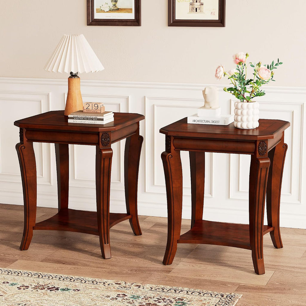 PADMA HOUSE Traditional Wood End Table with Storage Shelf, Square Solid Wood Sofa Side Table with Curved Legs, 2-Tier Wooden Bedside Tables in Cherry for Living Room,19.7 * 19.7 * 23.8in