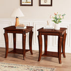 PADMA HOUSE Traditional Wood End Table with Storage Shelf, Square Solid Wood Sofa Side Table with Curved Legs, 2-Tier Wooden Bedside Tables in Cherry for Living Room,19.7 * 19.7 * 23.8in