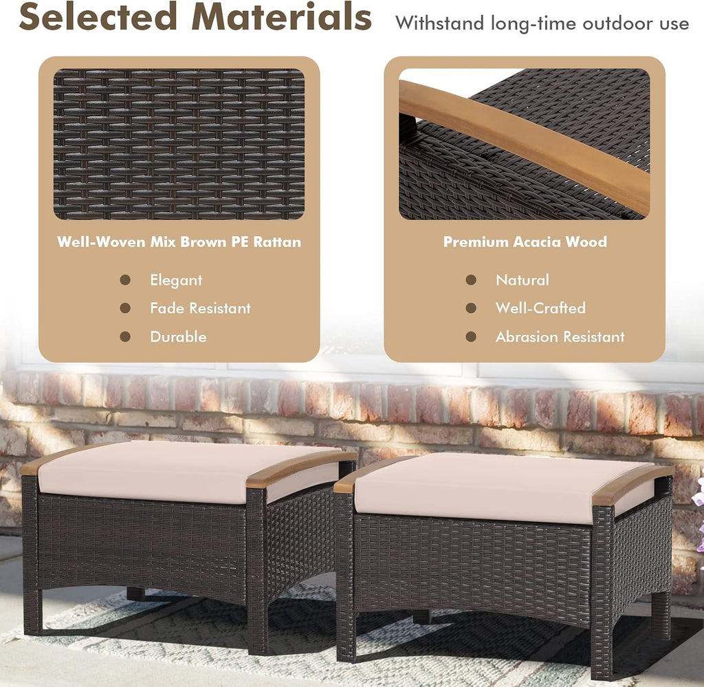 Tangkula 2 Piece Patio Rattan Ottomans, Outdoor Wicker Footstool w/Acacia Wood Handles, Soft Zippered Cushions, 3-in-1 Function Footstool Seat & Side Table for Backyard, Balcony, Poolside (Beige)