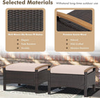 Tangkula 2 Piece Patio Rattan Ottomans, Outdoor Wicker Footstool w/Acacia Wood Handles, Soft Zippered Cushions, 3-in-1 Function Footstool Seat & Side Table for Backyard, Balcony, Poolside (Beige)