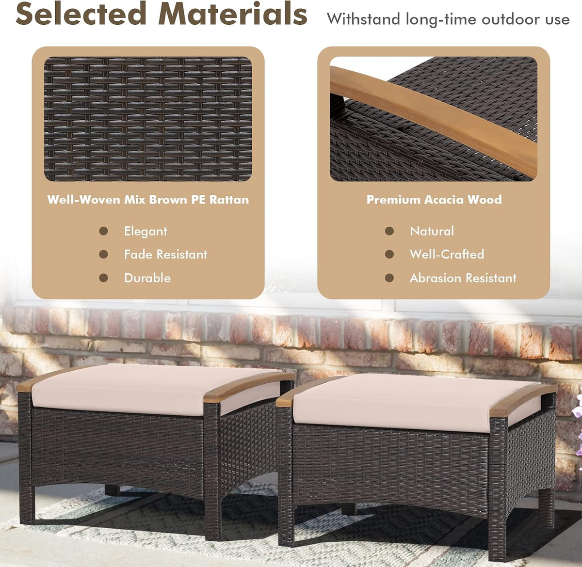 Tangkula 2 Piece Patio Rattan Ottomans, Outdoor Wicker Footstool w/Acacia Wood Handles, Soft Zippered Cushions, 3-in-1 Function Footstool Seat & Side Table for Backyard, Balcony, Poolside (Beige)