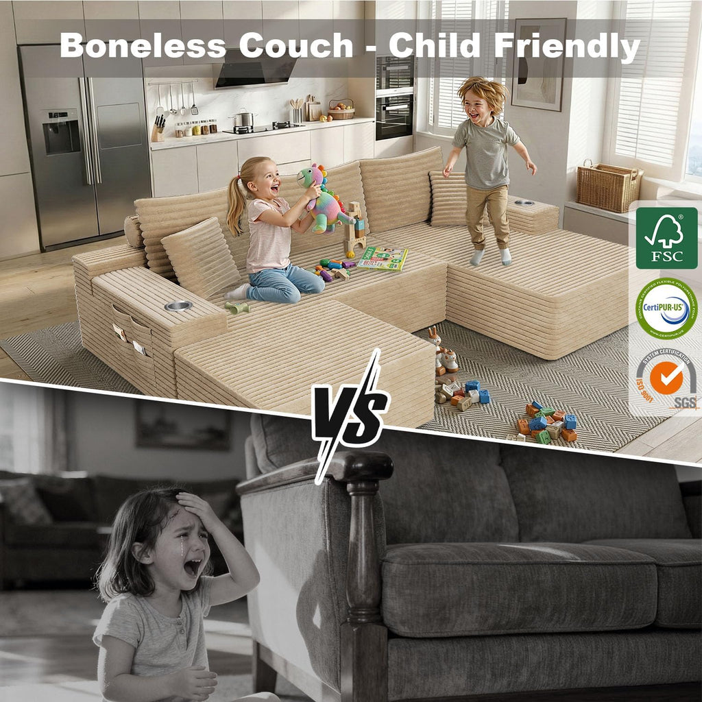 KCGKCG 106" Cloud Modular Sectional Couch with Ottoman, Modern U Shaped Corduroy Sofa, Higher 17.7" Seat Height, 32D Pure Foam, Built in Cup Holders, No Assembly Living Room(Camel, Left Facing Chaise)