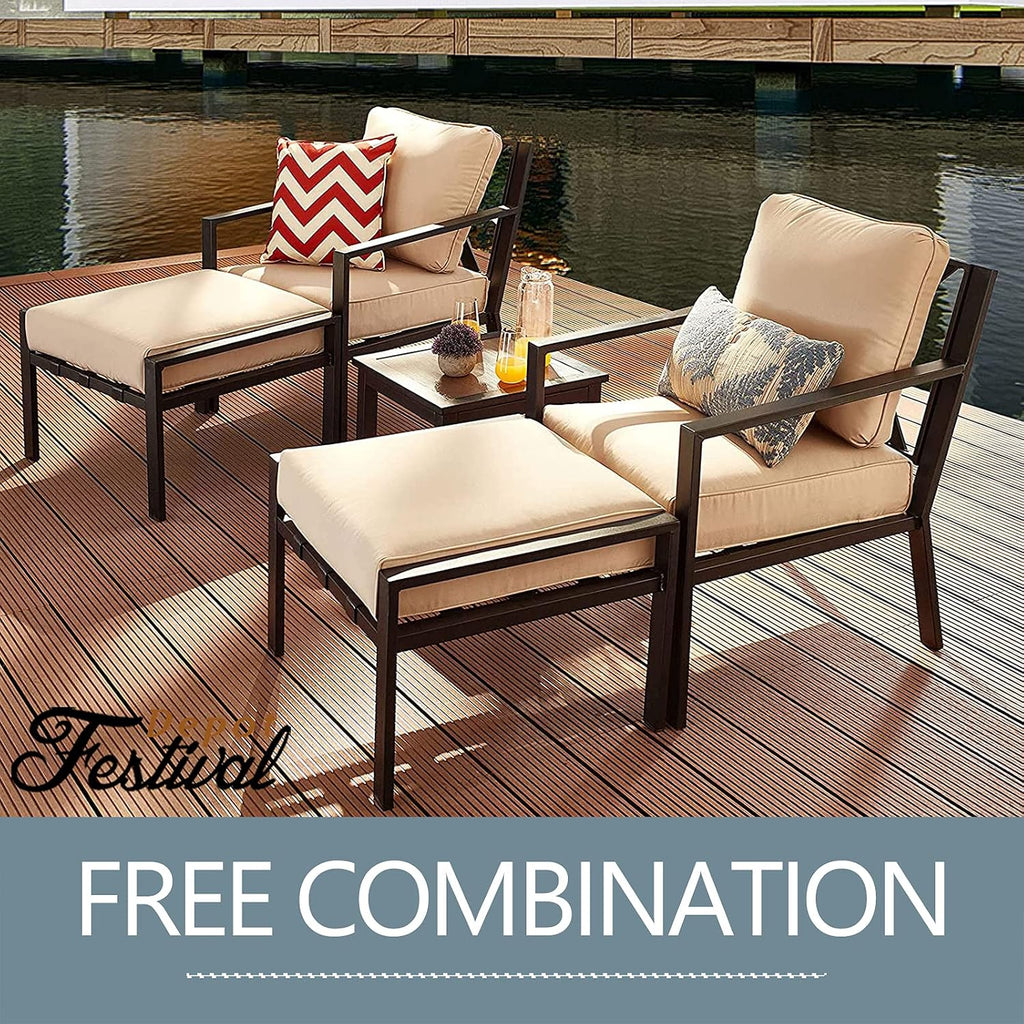 Festival Depot Patio Ottoman Outdoor Footstool with 4.3 Cushion Small Seat All Weather Metal Furniture for Deck Poolside Yard, Grey, PF20150