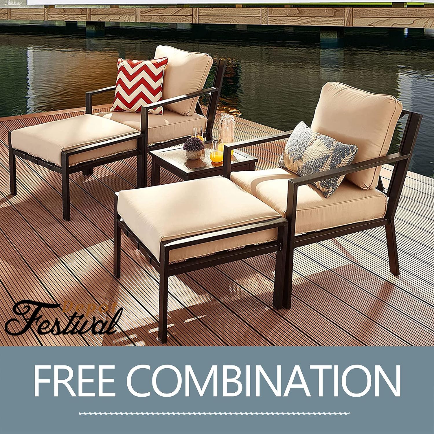 Festival Depot Patio Ottoman Outdoor Footstool with 4.3 Cushion Small Seat All Weather Metal Furniture for Deck Poolside Yard, Grey, PF20150