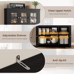 GAOMON 66" Tall Kitchen Pantry Cabinet, Modern Kitchen Hutch with Charging Station, Large Coffee Bar Storage Cabinet with Glass Doors and Drawers, Black
