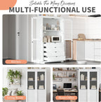 roomfitters 75" Kitchen Pantry, Freestanding Storage Cabinet Display Cabinet with Glass Doors and 4 Drawers, White