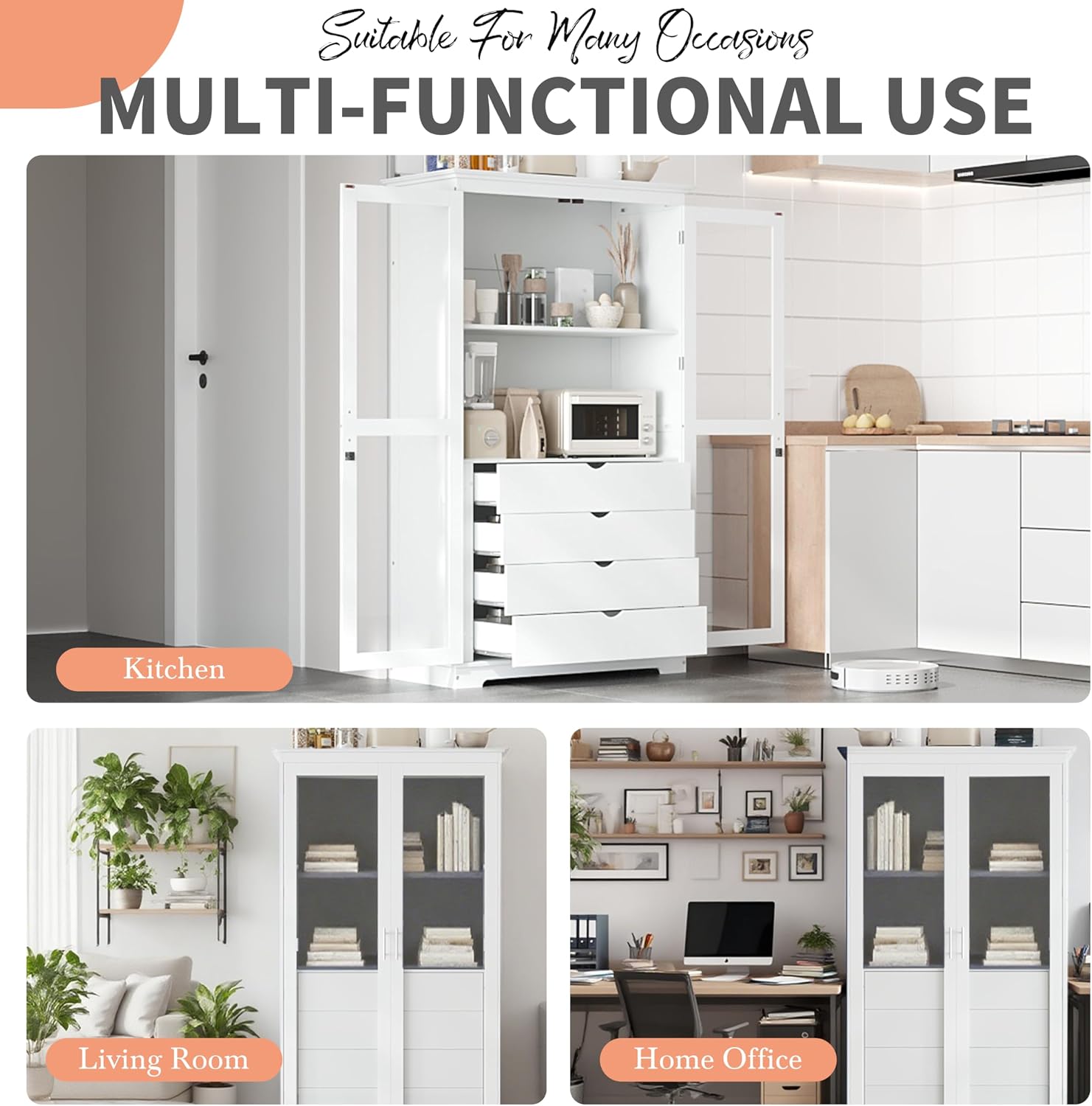 roomfitters 75" Kitchen Pantry, Freestanding Storage Cabinet Display Cabinet with Glass Doors and 4 Drawers, White