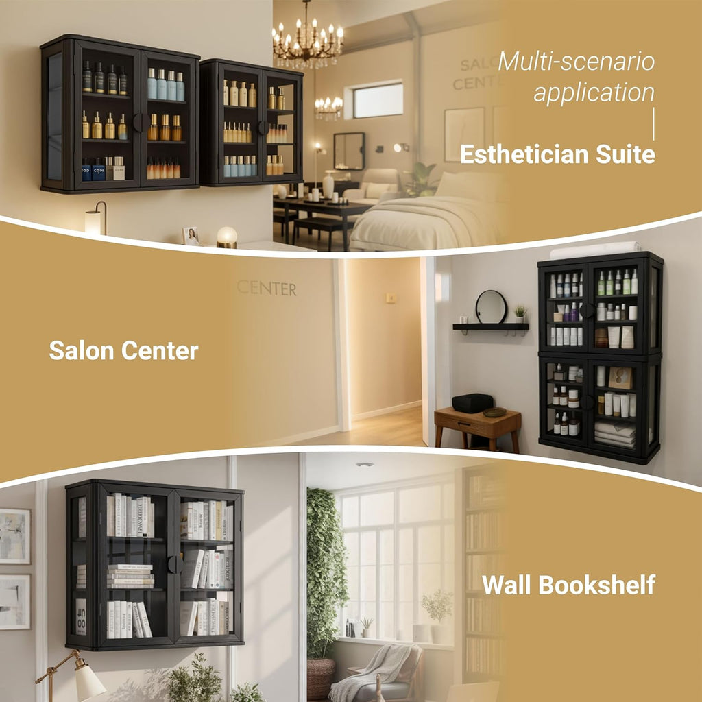FIMELLO 28’’W Wall Cabinet with Tempered Glass Doors, Bathroom Cabinet Wall Mount, Kitchen Wall Cabinet, Floating Cabinet for Bathroom, Wall Mount Salon Station for Barber, Beauty, Black