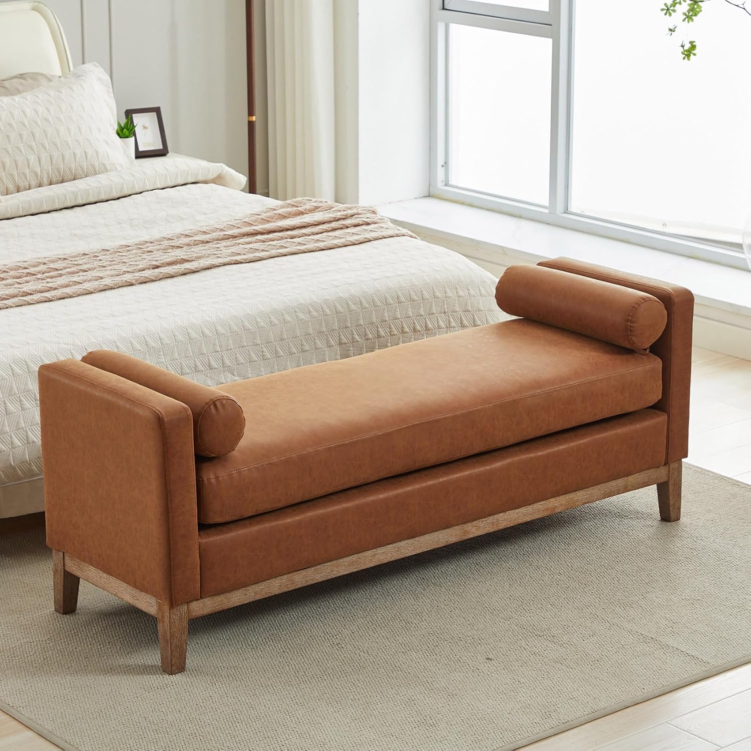 End of Bed Bench for Bedroom, 66.34'' Long King Size Vegan Leather Bench with Arms Upholstered Shoe Bench for Entryway, Hallway, Cloakroom, Window Bench (Brown PU).