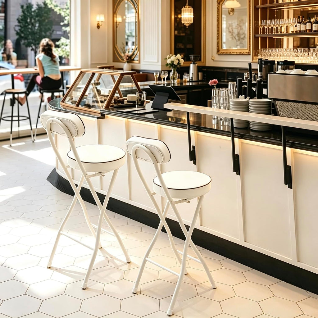 Set of 2-Folding Bar Stool Chair W/Back,Tall Foldable Chair Leather Padded | Counter Height Collapsible Stool for Adults Kitchen Island Guitar Shop Cafe Bar-White