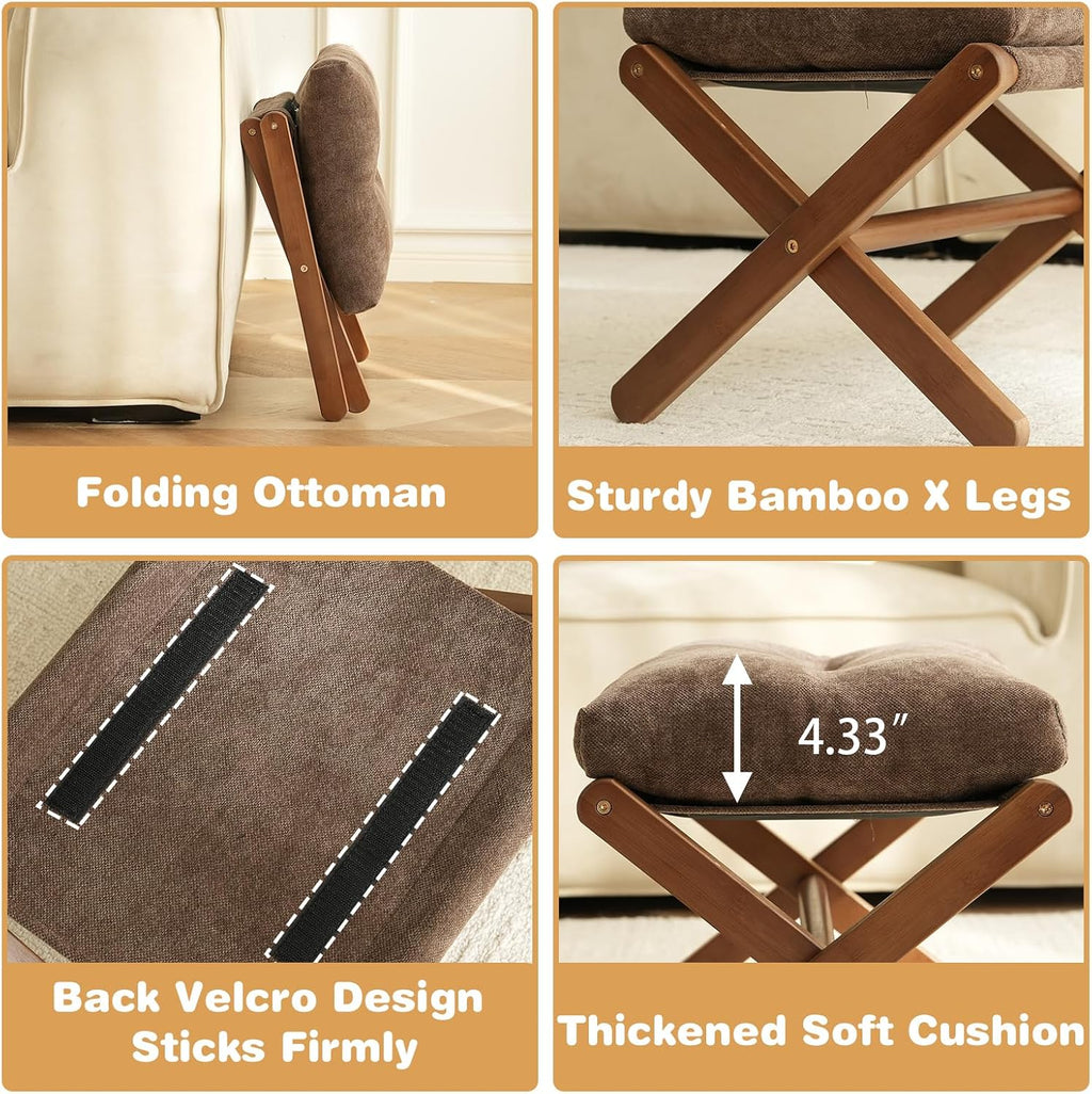 Baveke Ottoman Foot Rest- Bamboo Foldable Stool, Foot Stools Small Ottman with Upholstered & X Legs, Folding Stool for Makeup, Bedroom and Living Room, FSC-Certified (Small Brown)