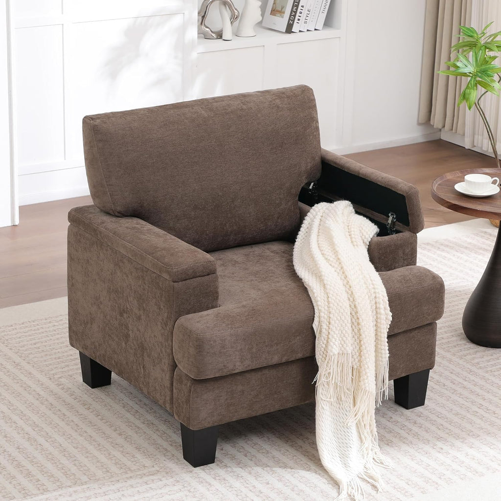 Modern Upholstered Living Room Chairs, Accent Chair with Storage Armrest, Comfy Large Armchair, Fabric Single Sofa ReadingChair for Bedroom, Dark Brown