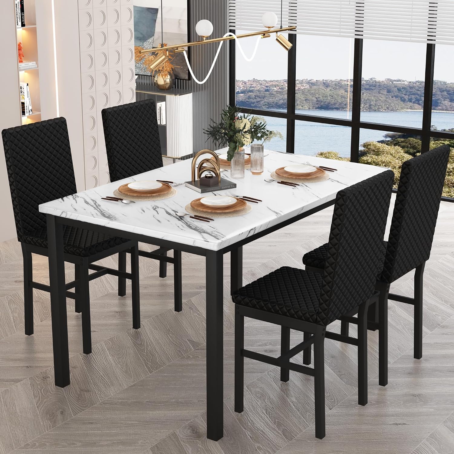 Recaceik Dining Table Set for 4, Faux Marble Kitchen Table and Chairs Set of 4, Modern Dining Room Table with Velvet Dinner Chairs, Small Dining Set for Breakfast Nook Small Spaces, White & Black