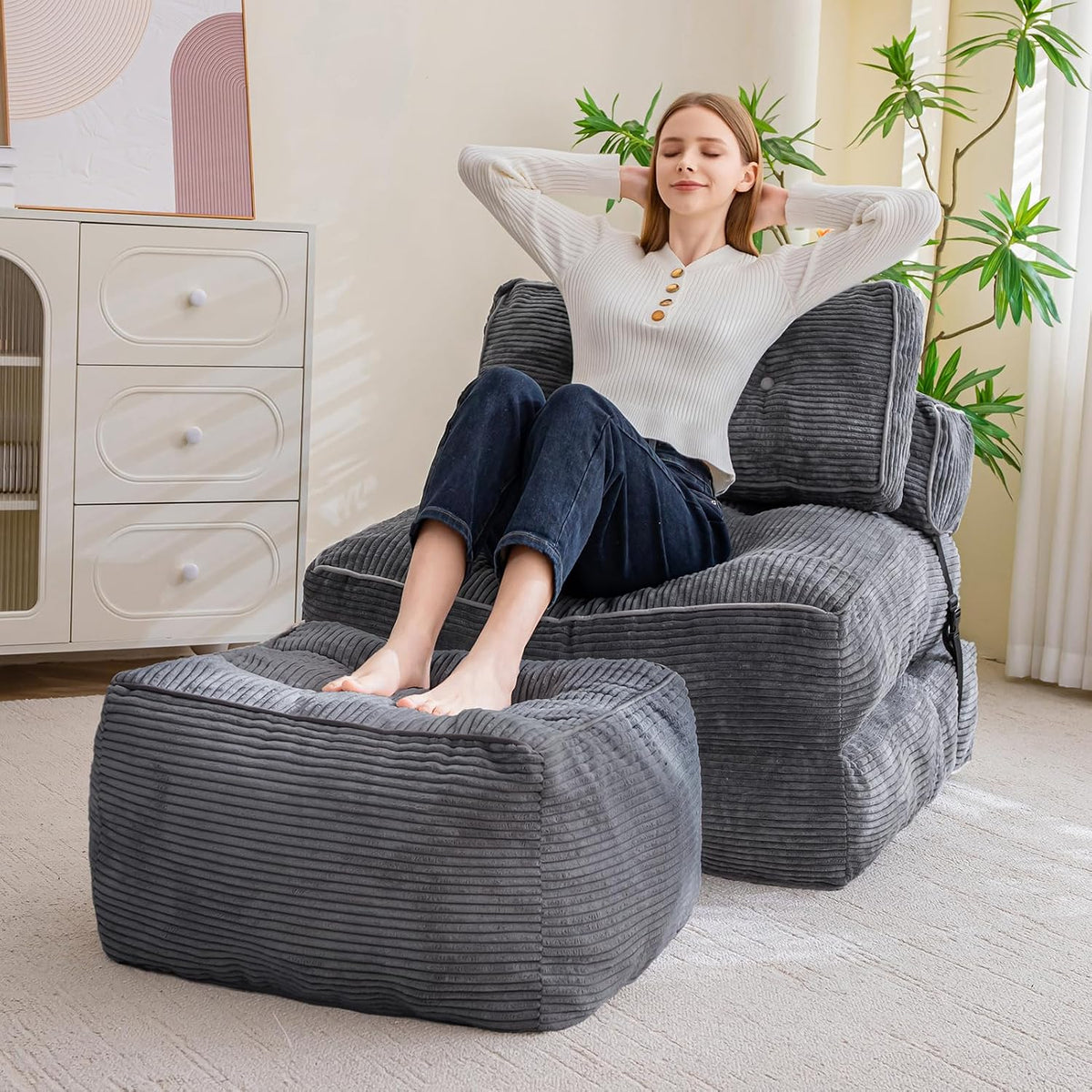 HIGOGOGO Square Stuffed Pouf Ottoman, Corduroy Poufs with Foam Chunk Filling, Furry and Fluffy Pouf Foot Stool Storage Ottoman, 21 X 21 Floor Poufs Foot Rest for Living Room, Dark Grey