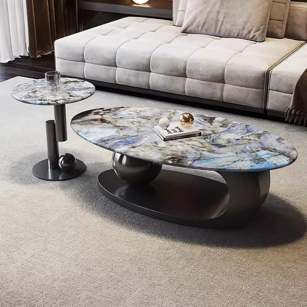 Modern Coffee Table Set of 2 - Stylish Black & Gold Oval Nesting Tables for Living Room, Contemporary Center & Side Table, 47" + 18" Cocktail Table Combo