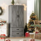 65" Tall Kitchen Pantry Cabinet with Barn Doors, Drawers & Adjustable Shelf, Farmhouse Storage Cabinet with Doors and Shelves for Kitchen Pantry Storage Cabinet, Dining Room, Laundry & Entryway, Grey
